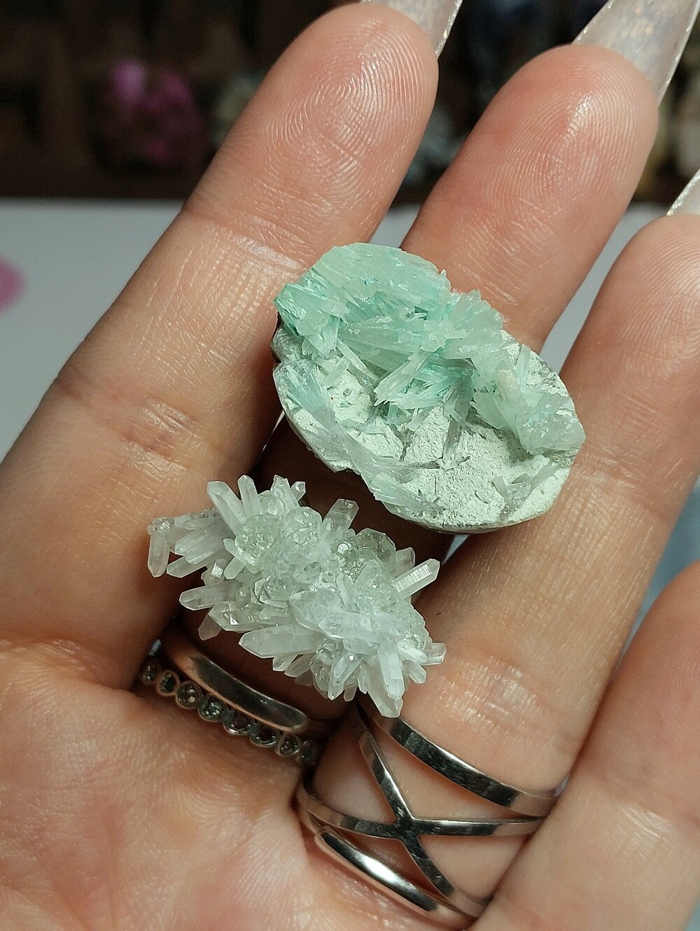⚒️ Paraiba Mint Tourmaline In Muscovite & Aragonite Chrysacolla Copper Ring